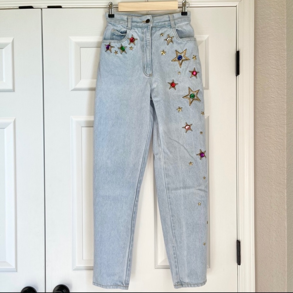 Vintage High Waisted Embroidered Jeweled Jeans Stars